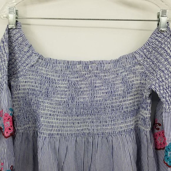 Loft Ann Taylor Blue and White Striped Smocked Top Shirt Size Medium Petite - Picture 7 of 10